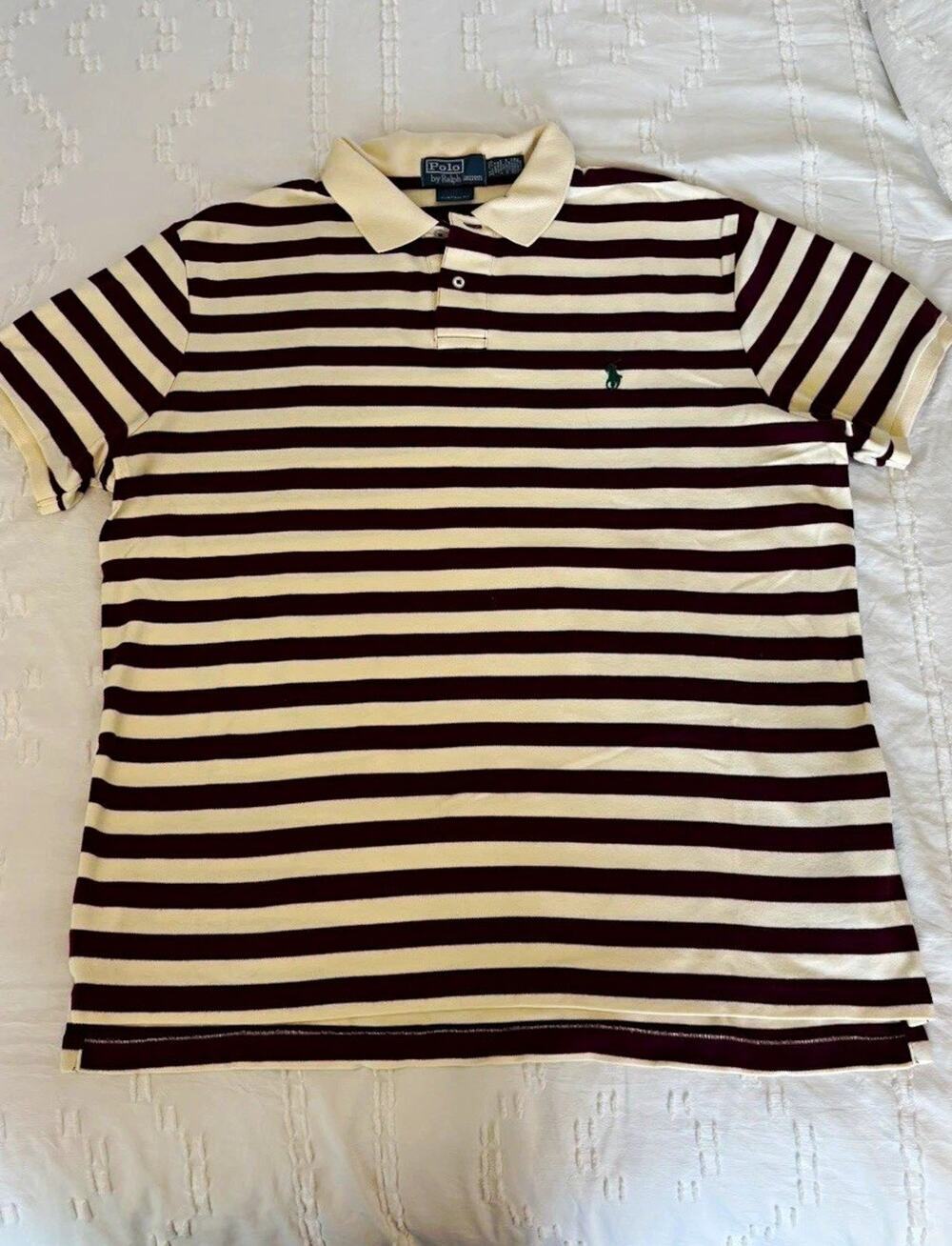 Polo by Ralph Lauren Men’s XL Custom Fit Burgundy/Cream Striped Cotton Polo